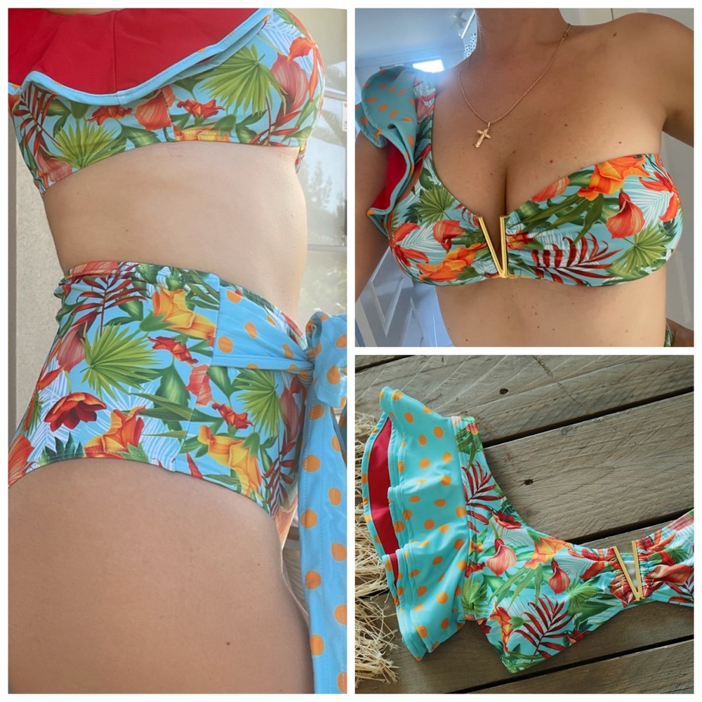 Retro Ruffled One Sleeve Tropical Bandeau High Waist Bikini - Picture 6 of 16